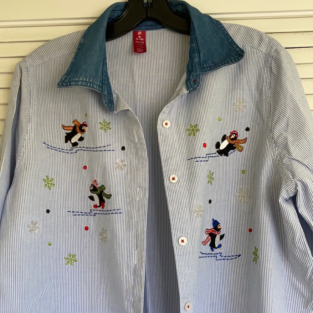 Striped Holiday Button Down Shirt, Size M